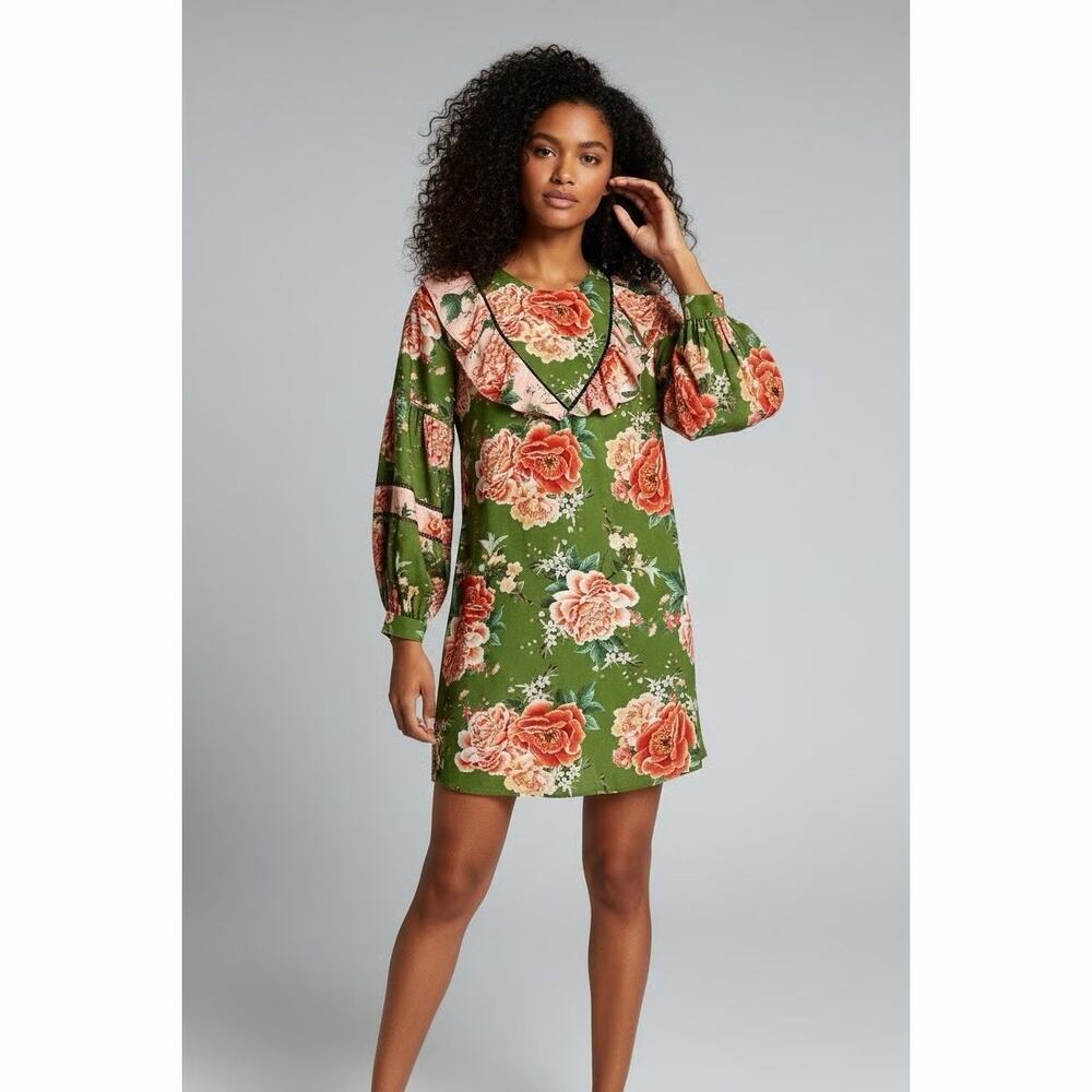 New Farm Rio Women's Green Floral Ruffle V-Neckline Elinor Tunic Dress Size S